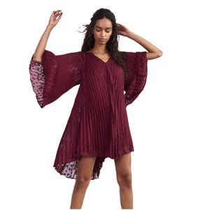 Anthropologie Toulon Pleated Mini Dress plum purple S small swing dot sleeve